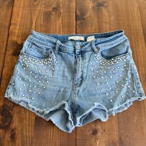 Eunina Light Wash Pearl-Studded Denim Shorts